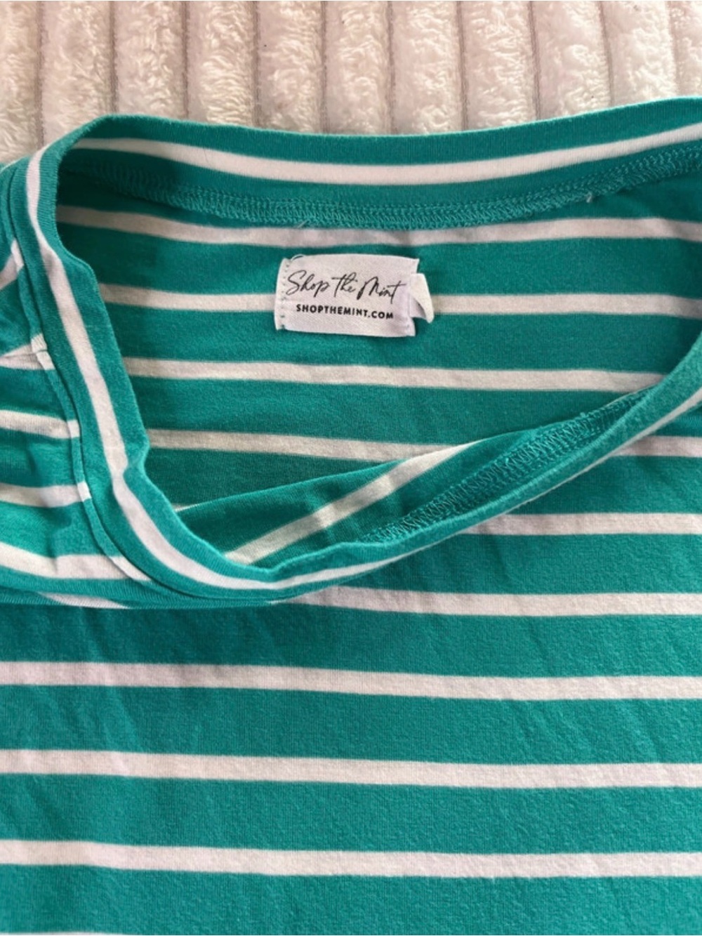 Shop The Mint Women's Teal and White Striped Tee